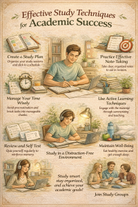 effective study techniques, academic success strategies, study tips for students, productive study habits, time management for students, active learning methods, note-taking strategies, exam preparation tips, concentration improvement techniques, self-testing study method, goal setting for students, learning efficiency tips, memory improvement for studying, study planning strategies, avoiding procrastination in studies, collaborative learning methods, student productivity tips, effective revision techniques, study motivation strategies, academic performance improvement.